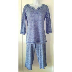 TALBOTS Petite 2PC Blue Heather Knit 3/4" SL Tunic & Cropped Elastic W Pants Set